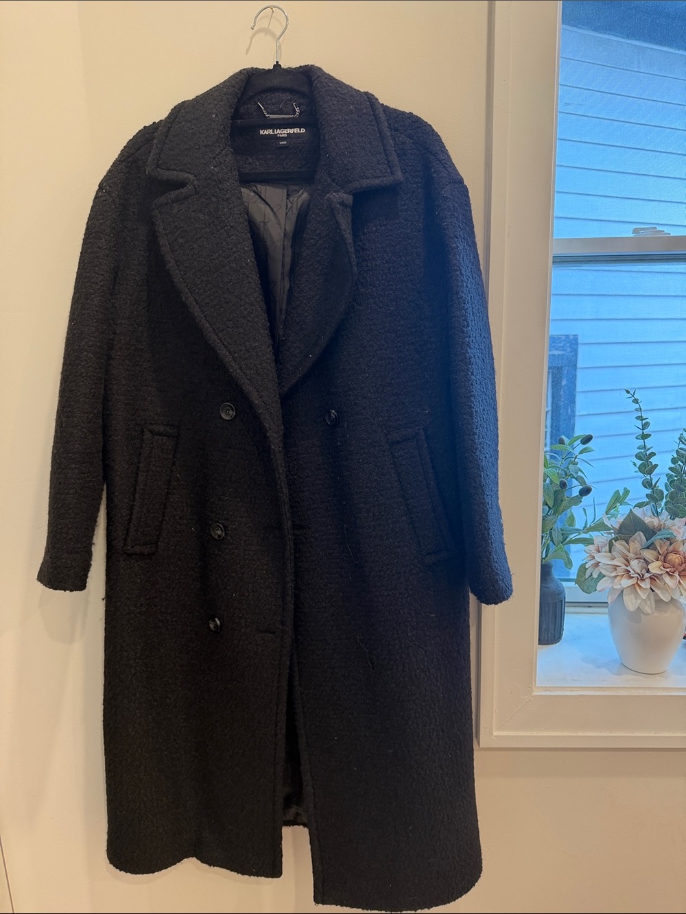 Karl Lagerfeld Black Bouclé Double-Breasted Long Coat
